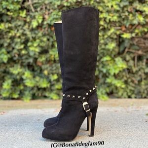 Valentino Garavani Rockstud black suede knee high heeled boots size 39.5 US 9.5